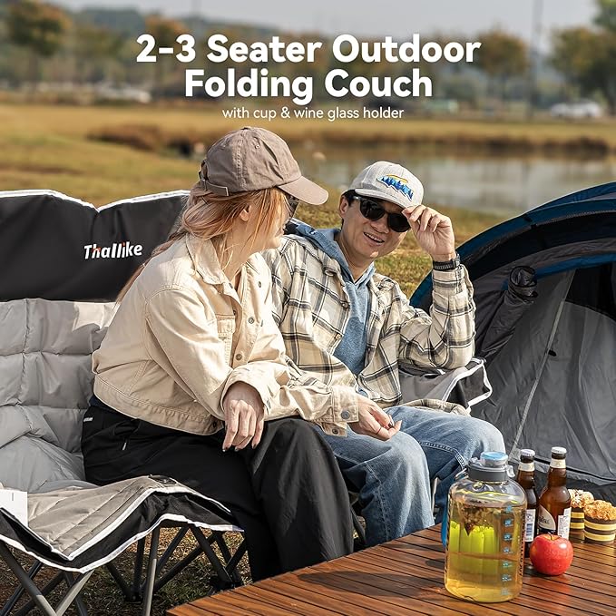 Double Camping Chair – 2-3 Person Outdoor Folding Sofa with Cup &amp Wine Glass Holders – Oversized Loveseat Camping Couch for Campfire RV Backyard – Supports Up to 1050 lbs