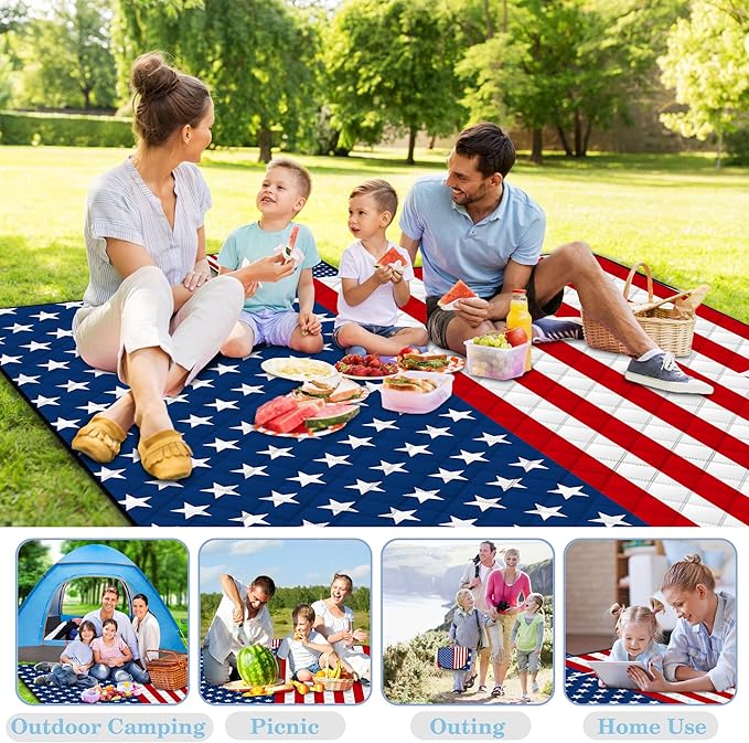Poedist Large Waterproof Picnic Blanket 80 x 80 Set of Two Picnic Mats Pink Flowers and Flag