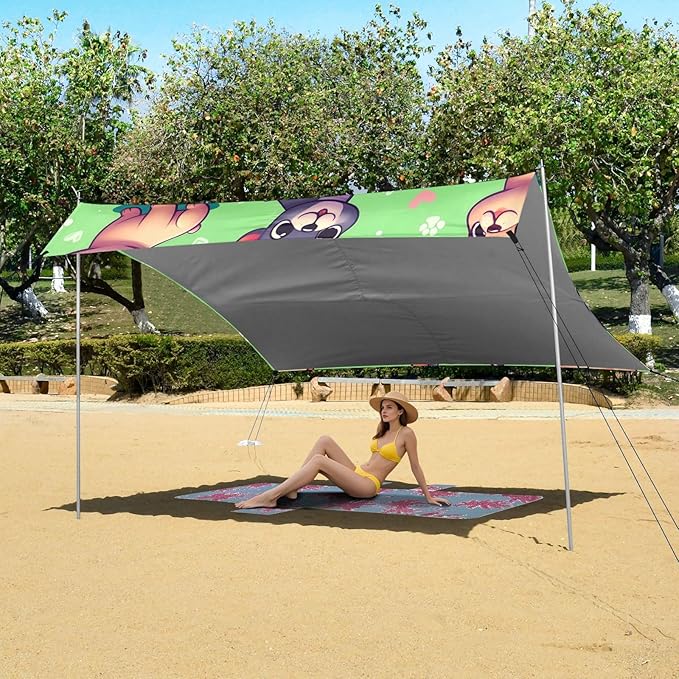 Cartoon French Bulldog Green Camping Sun Shelter Beach Tent Portable Beach Sun Shade Outdoor Canopy for Camping Trips Fishing Picnic