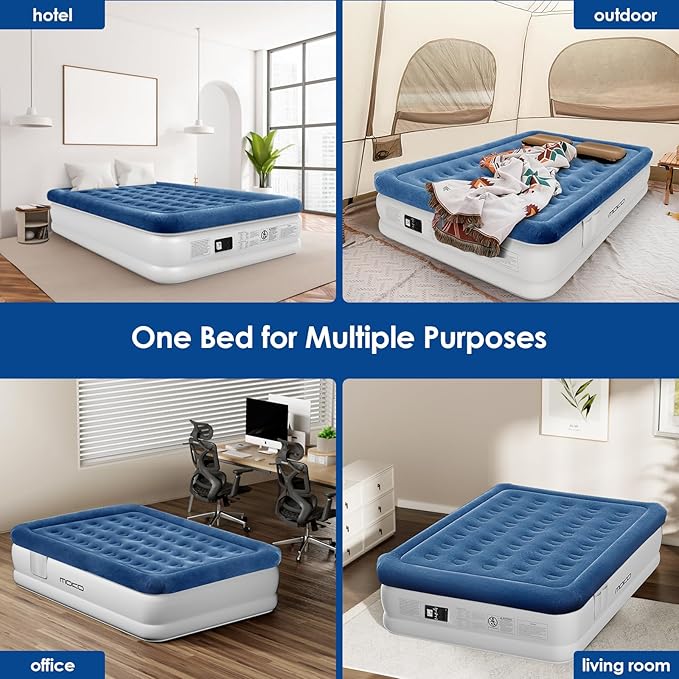 MoKo Air Mattress Queen with Built in Pump 18'' Luxury Inflatable Mattress 3 Min Fast Blow up Mattress with Dual-Chamber Comfort Top - Velvety Air Bed for Home Camping Travel Guests White/Blue