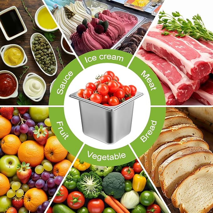 6 Pack Stainless Steel Hotel Pans with Lid 1/6 Size x 6 Deep Steam Table PAN 0.8 mm Thick Commercial Food Storage Containers Anti Jam Pan Stainless Steel Steamer Pan for Hotel Restaurant Buffet