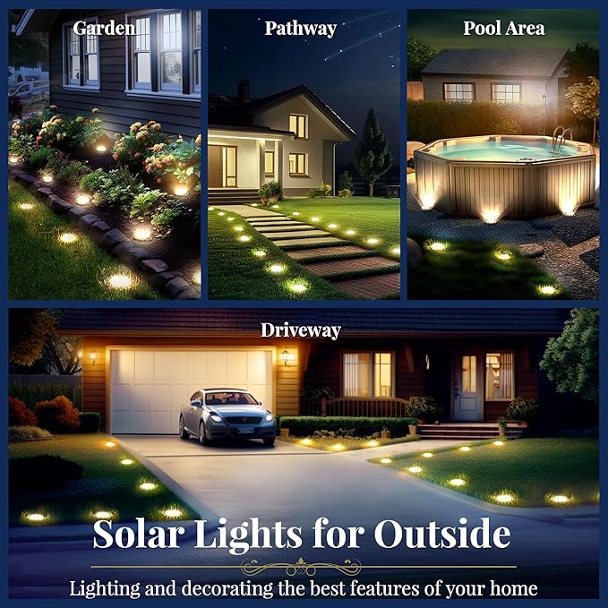 SOLPEX Solar Ground Lights 12 Pack Solar Lights Outdoor Waterproof 8 LED Solar Powered Landscape Lighting for Garden Yard Patio Driveway Pathway Walkway (Warm White)
