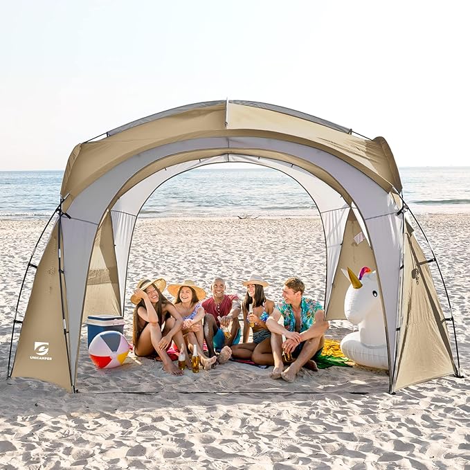 Beach Tent 12 X 12ft Large UPF50+ Pop Up Canopy with 2-Pcs Side Wall Sun Shelter Rainproof Waterproof for Camping Trips Backyard Fun Fishing Parties Or Picnics(Khaki-Upgrade)