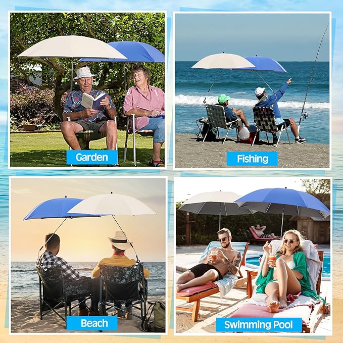 Talltalk 2 Pcs Beach Umbrella with Universal Clamp Adjustable Beach Shade UV Protection Chair Portable Outdoor Umbrella for Camping Patio Chairs Golf Carts