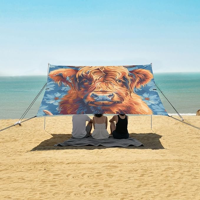 Highland Cow Beach Tent Sun Shelter 9.2' x 10.5' Beach Canopy with 4 Sandbags 4 Stability Poles Sand Shovels - Tent Canopy for Beach Camping Fishing Picnics