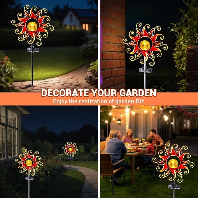 Solar Lights Outdoor Waterproof Red Sun Metal Crackle Glass Stake Decorative for OutsideYardLawnPatioWalkway Mothers'Day Gifts Mom Grandma Garden Lover