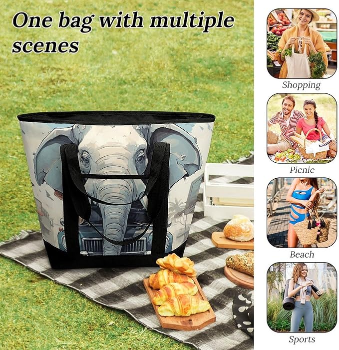 Insulated Shopping BagLarge Reusable Cooler Bags Car Elephant Printed Foldable Shopping BagTravel Waterproof Shoulder Bag