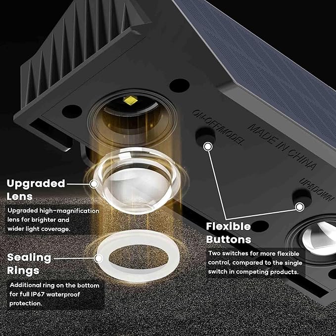 Fence Lights Solar Powered 6-Pack Solar Fence Lights Up/Down Flexible Buttons IP67 Waterproof for Outdoor 100LM Bright Auto Dusk to Dawn for Wall/Stairs/Yard/Railing/Deck/Pathway (Warm White)