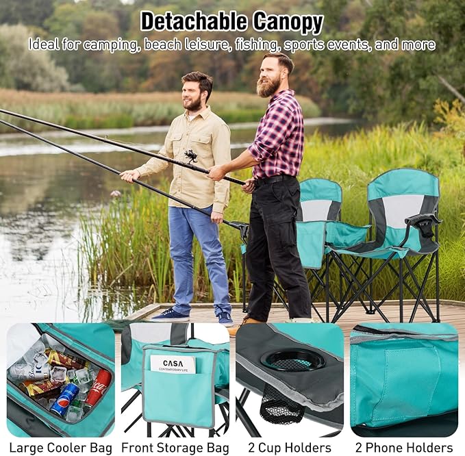 S AFSTAR Camping Chair with Canopy 2-Person Folding Beach Chair with Cup Holders 3-Side Shading Curtains &amp Cooler Bag Foldable Loveseat Lawn Chair for Camping Outdoor &amp Fishing (Turquoise)