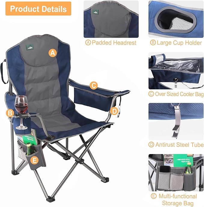 Northroad Oversized Camping Chair Full Padded Outdoor Folding Chair Support 350 LBS Heavy Duty Lawn Chair w/Cup Holder Cooler Bag Shoulder Straps for Adult-Blue