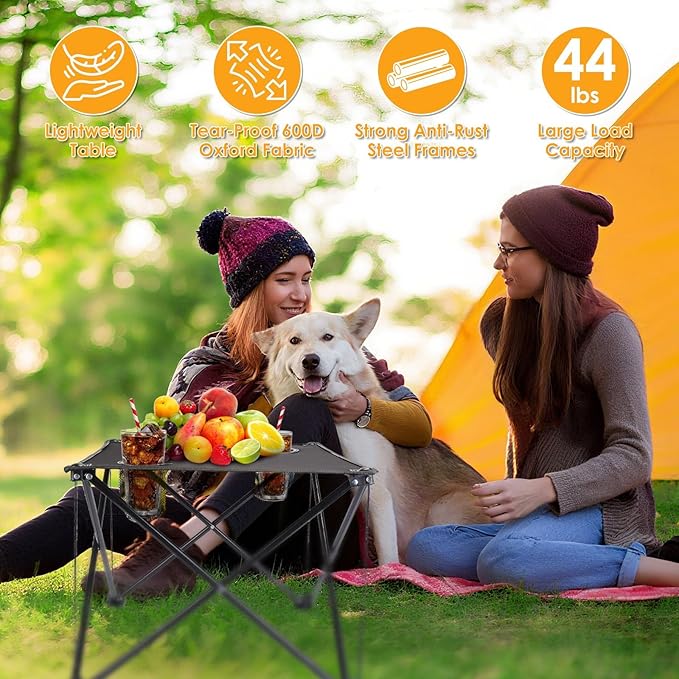 Portable Camping Table Ultralight Picnic Table Foldable with 2 Cup Holders and Carrying Bag for Outdoor Camping Picnic BBQ Beach Party Patio Fishing Steel Frame High-Grade 600D Oxford Fabric