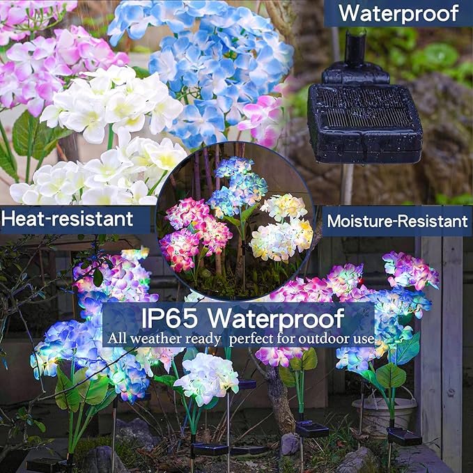 TONULAX Solar Garden Lights - 3 Pack Upgraded Version Outdoor Lights Colorful Hydrangea Flower Light for Yard Decor Garden Decoration Two Lightning Modes &amp Enlarged Solar Panel