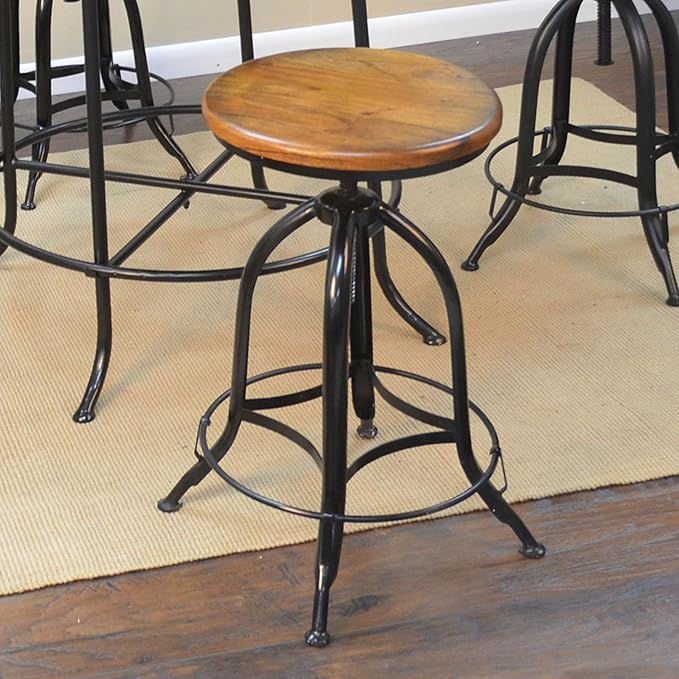 Carolina Chair &amp Table Ryder Adjustable Round Bar Stool - Powder Coated Finish Metal Frame Solid Wooden Seat Swivel Stool - Rustic Style Furniture for Counter Dining Room Kitchen (Chestnut/Black