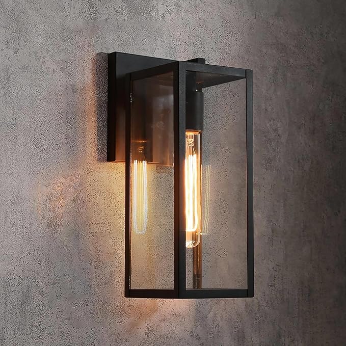 LALUZ Black Outdoor Wall Lights Modern Farmhouse Outdoor Light Fixture Wall Mount with Clear Glass Waterproof Rectangular Exterior Outdoor Sconce Wall Lantern Lights for House Porch Patio Garage