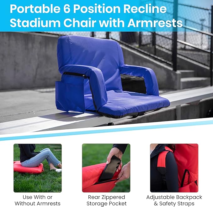 BizChair Blue Portable Lightweight Reclining Stadium Chair with Armrests Padded Back &amp Seat with Dual Storage Pockets and Backpack Straps