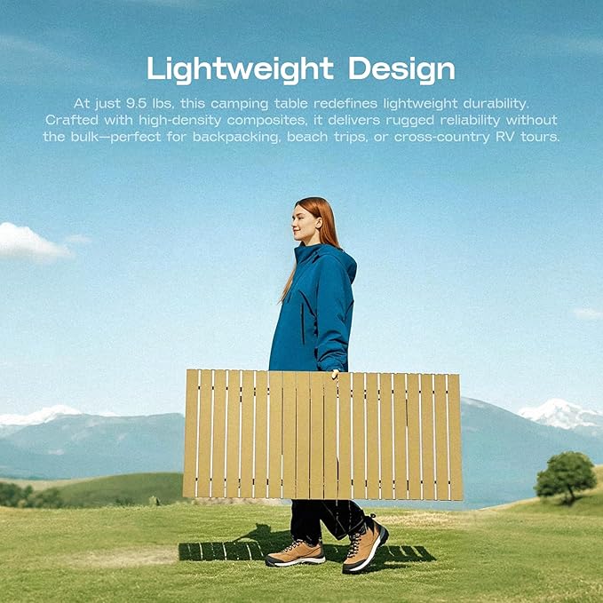 Height Adjustable Camping Table Tall Large Outdoor Folding Camping Table with Wide-Base Anti-Sink Legs &amp Carry Bag for Camping BBQ Beach Backyard (Beige)