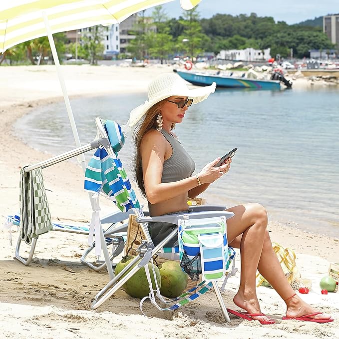 2-Pack Backpack Beach Chairs: Lightweight Foldable 5 Reclining Positions Lay-Flat Design Straps Cooler Pouch Cup Holder &amp Towel bar. Great for Beach &amp Camping
