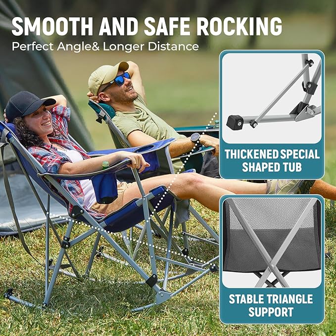 FUNDANGO Rocking Camping Chair 2 Pack High Mesh Back Portable Folding Camp Chairs with Pillows Cup Holder and Carry Bag for Lawn Patio Garden Outdoor Supports 300 Lbs (Green/Grey)
