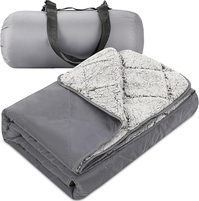 Tranqun Large Outdoor Blanket 78'' x 55'' Quilted Windproof Waterproof Gray Fleece Sandproof Stadium Foldable Warm Blanket for Camping Picnic Sporting Events Cold Weather