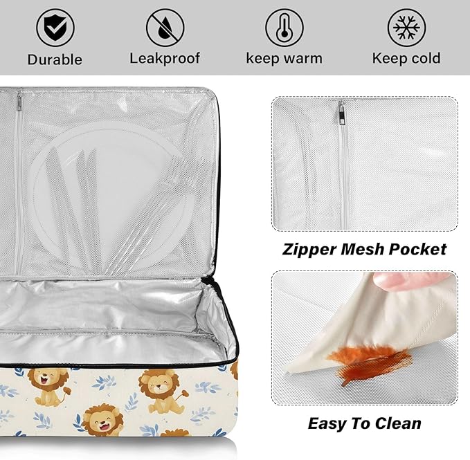 Casserole Carrier Cute Lion PatternsInsulated Casserole Carrier for Hot or Cold Food Thermal Lunch Tote for Potluck Parties Picnic Beach Fits 9 x 13 Inches Baking Dish
