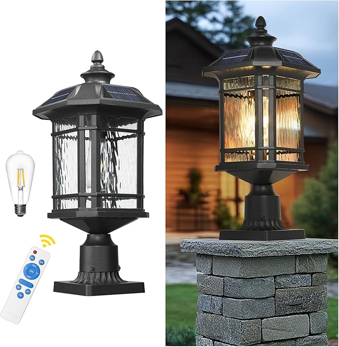 Emliviar 20.5 Solar Post Light Outdoor Large Black Solar Column Light Head with Remote Control LED Exterior Fence Lamp with Water Grain Glass 22021MP-SL BK