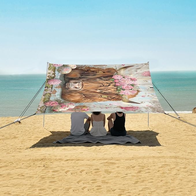ALAZA Cow Bull Easter Eggs Beach Tent Sun Shelter UPF50+ Protection Beach Shade Canopy w/ 4 Sandbags for Outdoor Camping Fishing Backyard Fun Picnic 10x9 ft