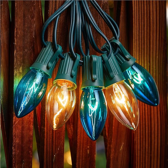 Minetom C9 Blue and Clear Christmas String Lights Outdoor Christmas Lights String Hanging Roofline Lights Patio Lights for Outdoor Decor Green Wire 25 Feet
