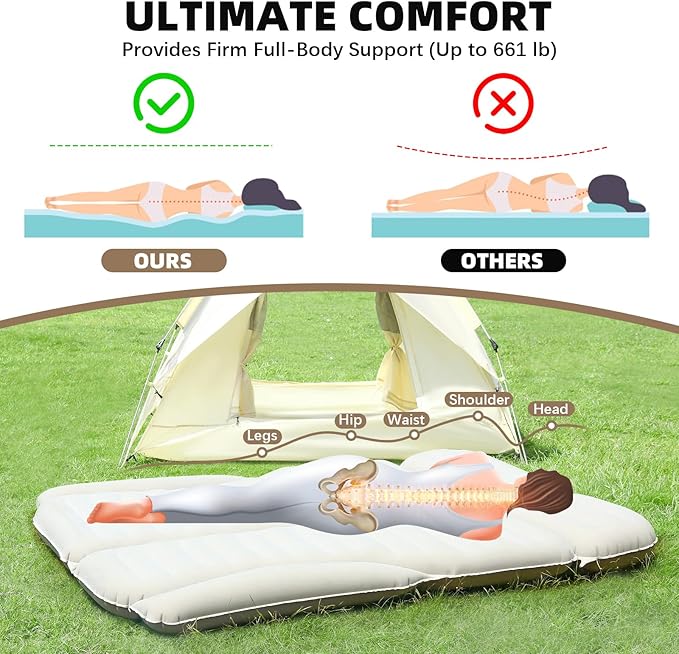 KMZ SUV Air Mattress Double Sided Thickened Flocking Car Bed – Portable Inflatable Mattress Pad for Camping &amp Travel with 2 Pillows &amp Electric Pump (Off-White and Coffee)