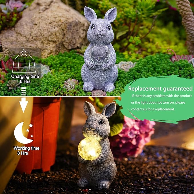 Solar Garden Outdoor Statues Bunny with Gazing Ball - Outdoor Decor Garden Rabbit Statue for Patio Balcony Yard Lawn Ornament - Unique Housewarming Gifts