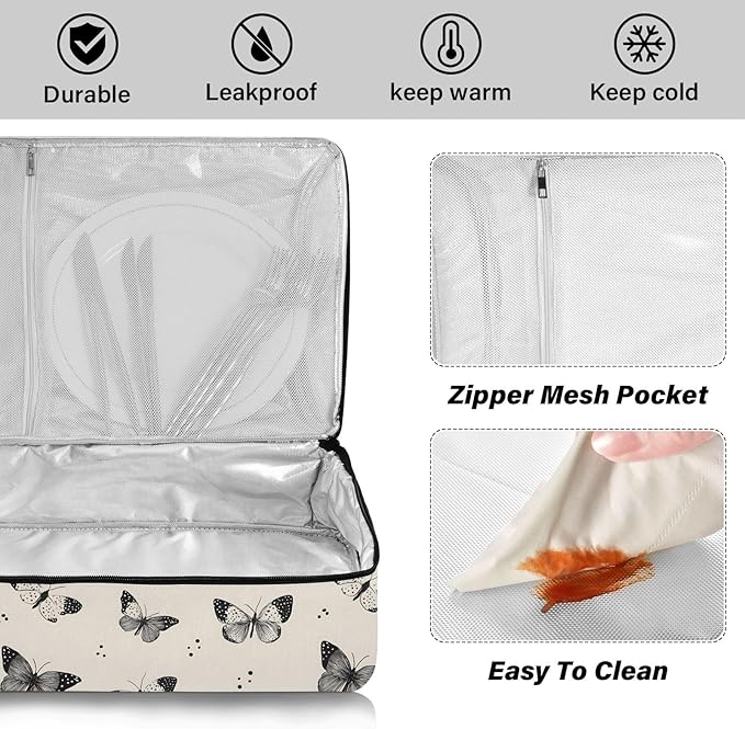 Casserole Carrier Cartoon Black and White ButterflyInsulated Casserole Carrier for Hot or Cold Food Thermal Lunch Tote for Potluck Parties Picnic Beach Fits 9 x 13 Inches Baking Dish