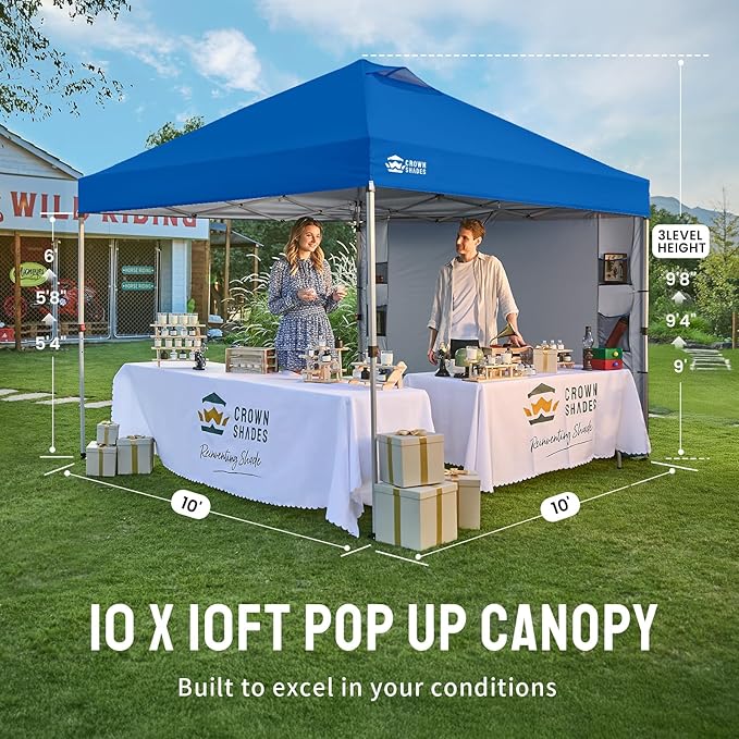 CROWN SHADES Canopy Tent 10 x 10 Foot Portable Pop Up Outdoor Shelter with Pocket Sidewall Push Center Lock UV Protection and Carry Bag Blue