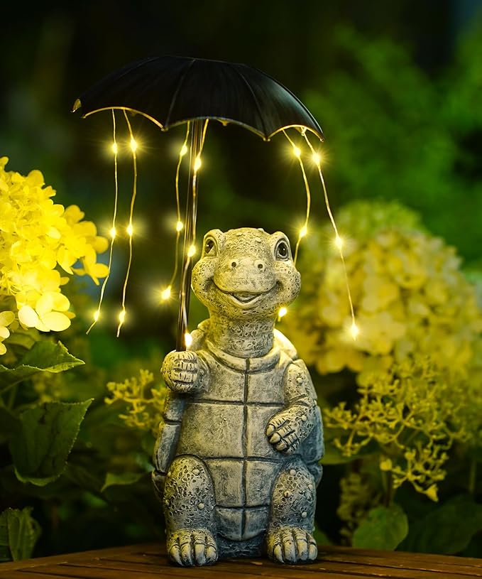 Nacome Solar Turtle Garden Decor Outdoor Statues: Holding Umbrella with String Lights Patio Yard Lawn Outside Decorations - Birthday Gifts for Mom Grandma Women Sister(Grey)