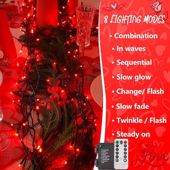 YEGUO Valentine’s Day String Lights Battery Operated 2 Pack Each 33ft 100 LED Red Christmas Lights Outdoor Waterproof Green Wire Fairy Light Indoor with Remote