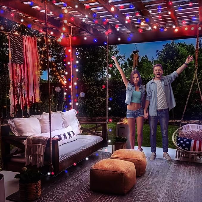 Kwaiffeo 4th of July Decorations Outdoor 100FT 300LED Red White and Blue String Lights for Independence National Memorial Day Flag Lights for 2024 President Election Campaign 1 Pack