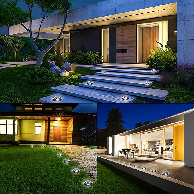 Solar Ground Lights Outdoor Waterproof 8 Pack 12 LEDs Solar Garden Disk Lights Landscape Lighting for Outside Pathway Deck Yard Patio Lawn Driveway Walkway Deco (White Lights)