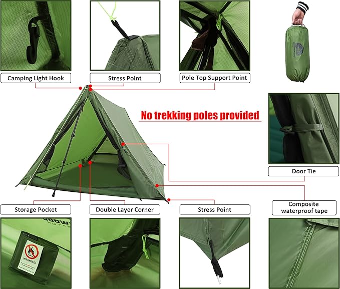 2-Person Trekking Pole Tent for Backpacking - Ultralight A-Frame Backpacking Tent Two Person Waterproof Hiking Tent for Camping Lightweight Camping Tent for Scouts Trekker (No Poles)