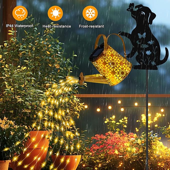 Solar Lights Outdoor Decorative Watering Can with Cascading Lights with Dog Silhouette Garden Stakes Gifts for Mom Women Waterproof Metal Garden Decor for Yard Art Outside(1 Pack)
