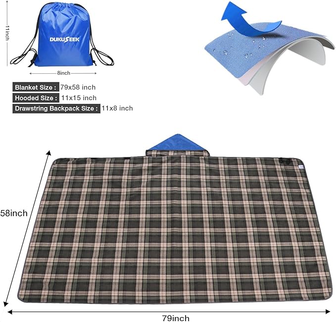 DUKUSEEK Outdoor Stadium Blankets with Hood Fleece Blankets Quilted Extra Thick Fleece Warm Windproof Sandproof Includes Stuff Sack Shoulder Strap