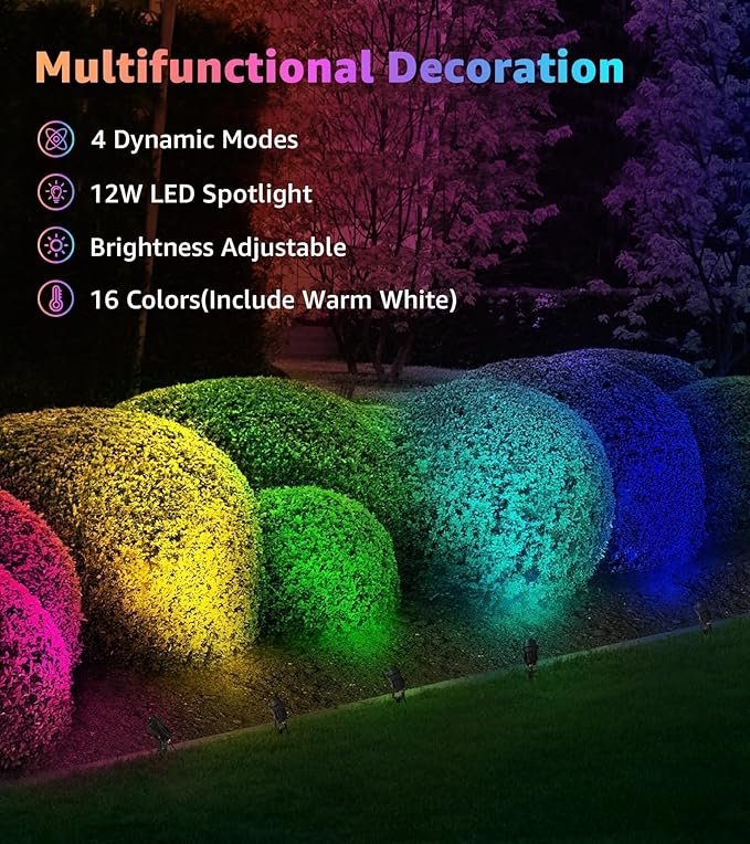 SUNVIE RGBW Spot Lights Outdoor Color Changing Landscape Lighting 12W LED Outdoor Spotlights with Remote Control 120V Waterproof Colored Spotlights for House Garden Yard Tree Decorative 6 Pack