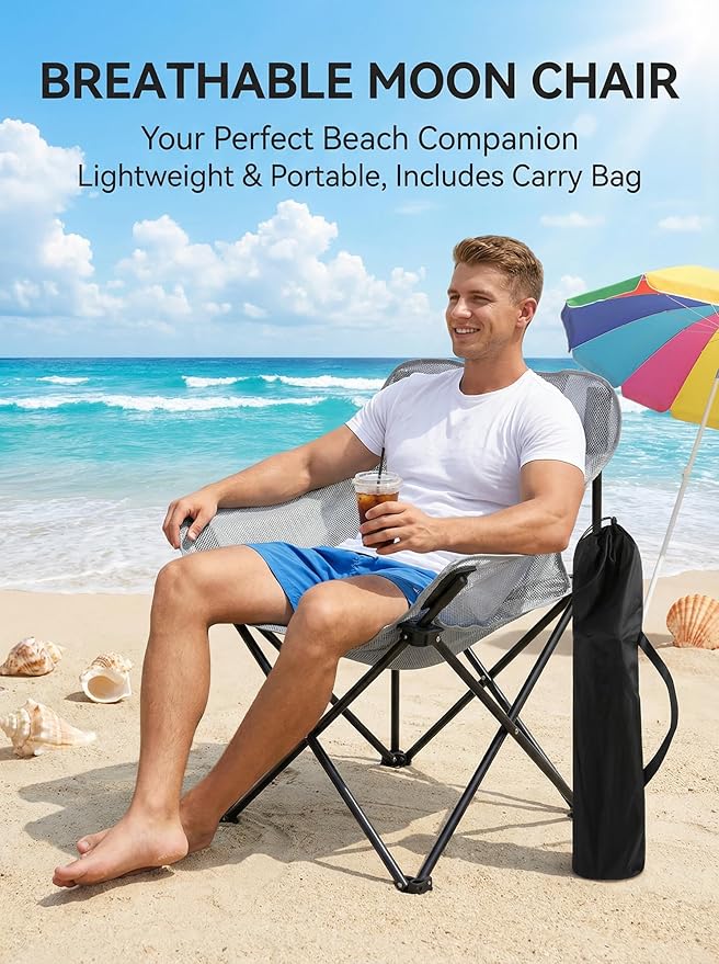 Breathable Outdoor Folding Chair Portable Ultra-Light Fishing Stool Beach Camping Moon Chair Armchair Art Sketch Chair (Mesh Silver Sand ash)