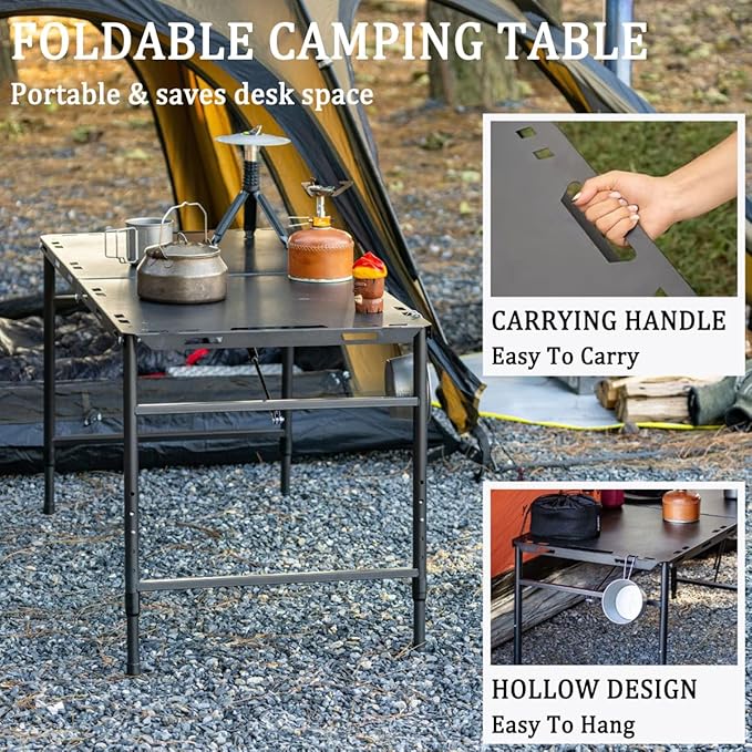 SoloWilder Foldable Camping Table with Gas Struts 3'5 Outdoor Portable Table 19 - 24 Height Adjustable Carbon Steel Lightweight Camping Table 12lb