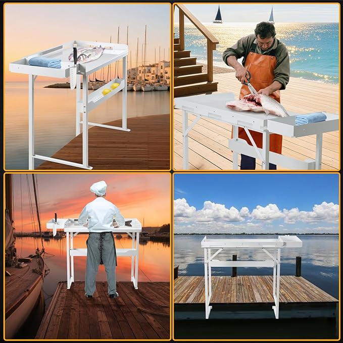 Professional Heavy-Duty Dock-Mounted Fish Fillet Table Corrosion-Resistant Ergonomic Dock Cleaning Station with HDPE Cutting Board &amp Tool Storage