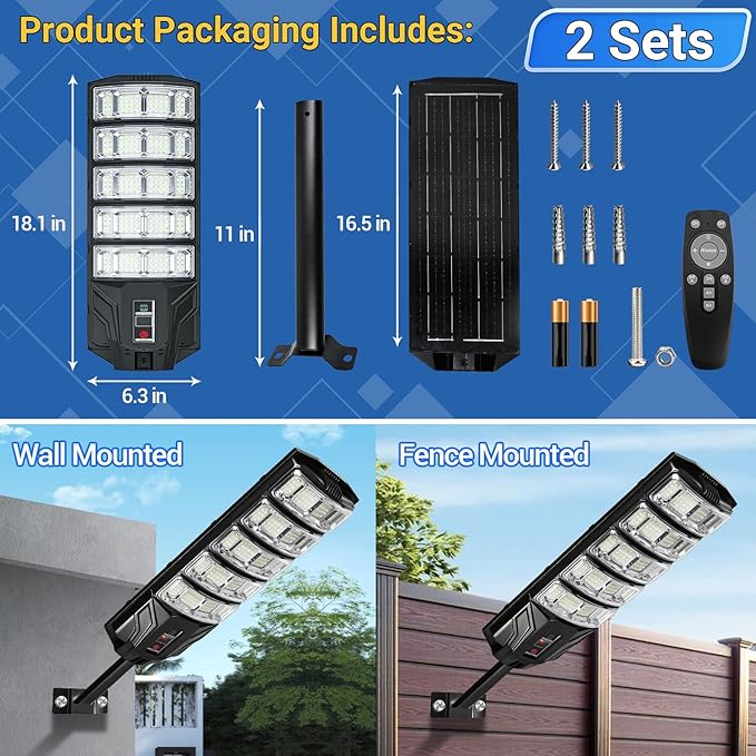 2 Pack Solar Lights Outdoor IP65 Waterproof Solar Street Motion Sensor Lights with Remote Control 8000K Dusk to Dawn LED Security Flood Outdoor Light Wide Angle Range for Yard Garage Porch Farm