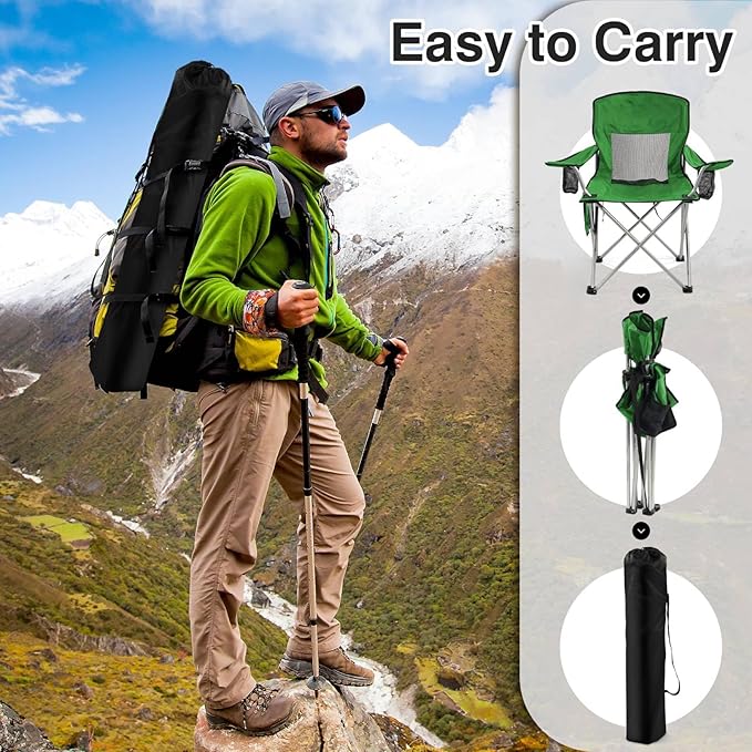 Simple Deluxe Outdoor Foldable Camping Chair Outdoor Camping Chair with Cup Holder and Carrying Bag with 300lbs Capacity and Sturdy Material for Hiking Fishing and Camping Green