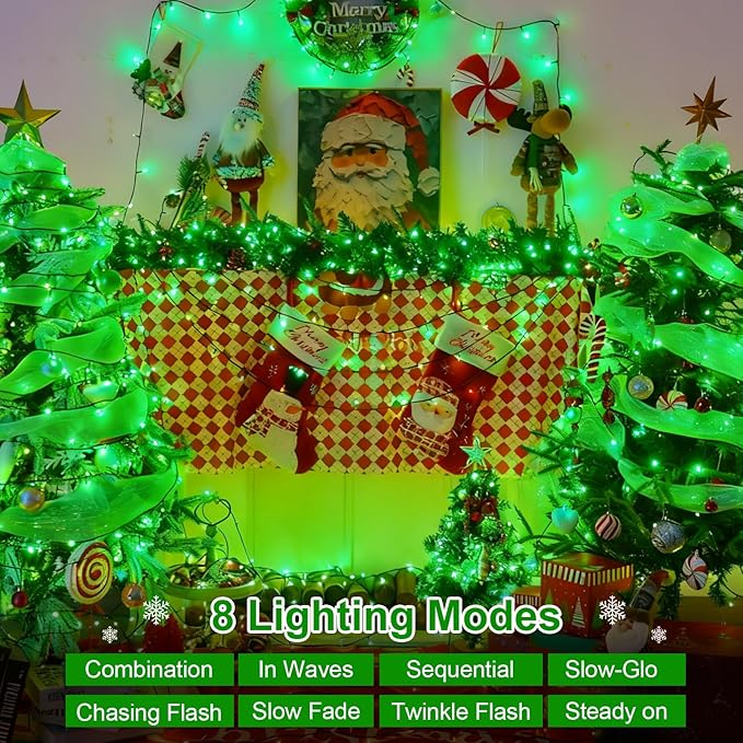 QITONG 165ft 500 LED Green Christmas Lights 8 Modes Christmas String Lights Outdoor Waterproof Plug in Green Wire Twinkle Light Indoor with 8 Modes