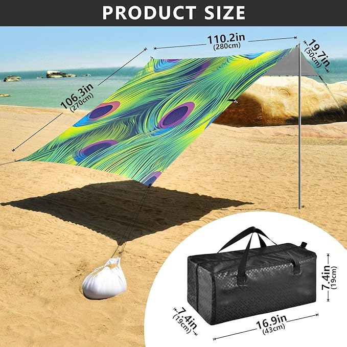 Peacock FeatherCamping Sun Shelters 9.2 x 10.5 FT Beach Canopy Tent Sun Shade with Carrying Bag for Camping Trips Fishing Backyard Fun or Picnics 21341756