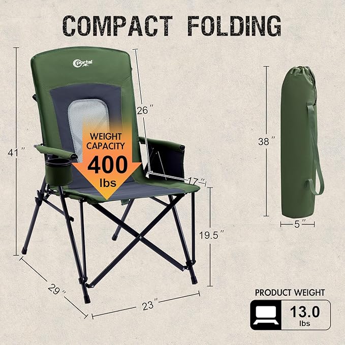 Portal Oversized Folding High Back Portable Lawn Chairs for Adults Outdoor Camp Sports Hunting Fishing Backyard with Hard Armrest Cup Holder Carrying Strap Supports 400LBS Green