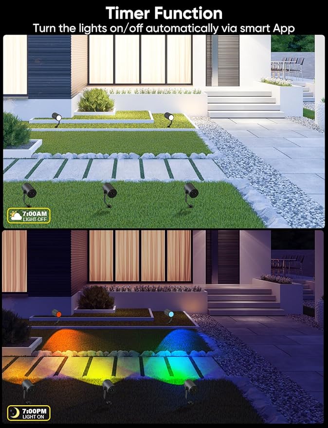 APPECK Smart Landscape Lighting Kit 36W RGBCW Smart Landscape Lights 6 Pack IP65 Waterproof Outdoor Spotlights Alexa/Google Assistant Compatible for Garden Pathway Yard Holiday Decor