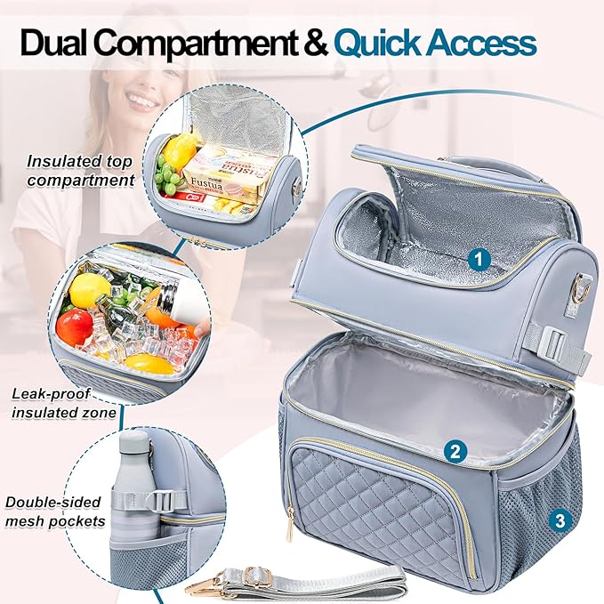 Lunch Bags for Women Dual Compartment Lunch Box Lunch Bag for Work Leakproof Lunch Cooler Large Insulated Lunchbox for Adult for Women Men Lunchbag for Picnic Beach (Gray)
