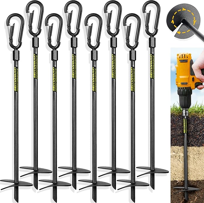18” Heavy Duty Ground Anchors Screw in(1000lbs) Swing Set Earth Anchors Forged from High Strength Steel Detachable Carabiner Design High Wind Trampoline Stakes for Tents Canopies Sheds etc